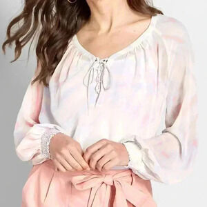 ModCloth Boho I Go Tie-Dye Chiffon Blouse,‎ Lace-Up Neckline - Festival, Size XS